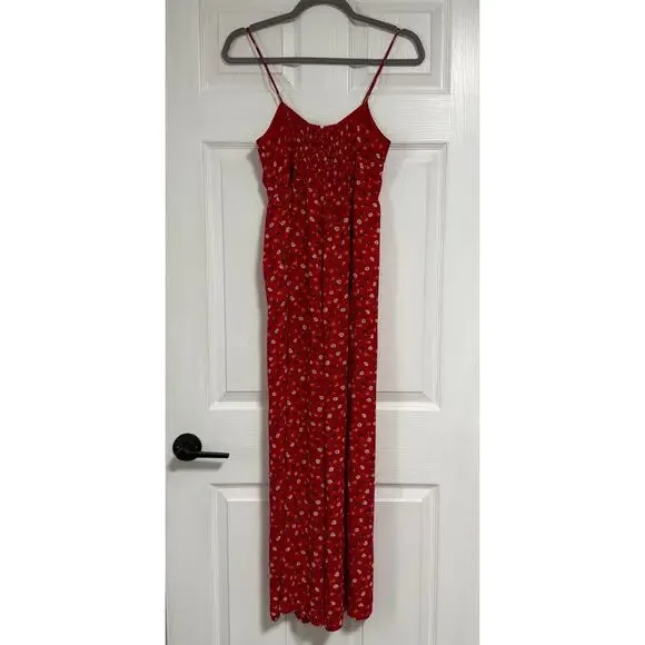 Madewell Women's Red Floral Smocked Wide Leg with Pockets Jumpsuit Size 00 - Picture 11 of 16